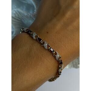 925 Sterling Silver Gold Plated Garnet Bracelet Length 7.5
